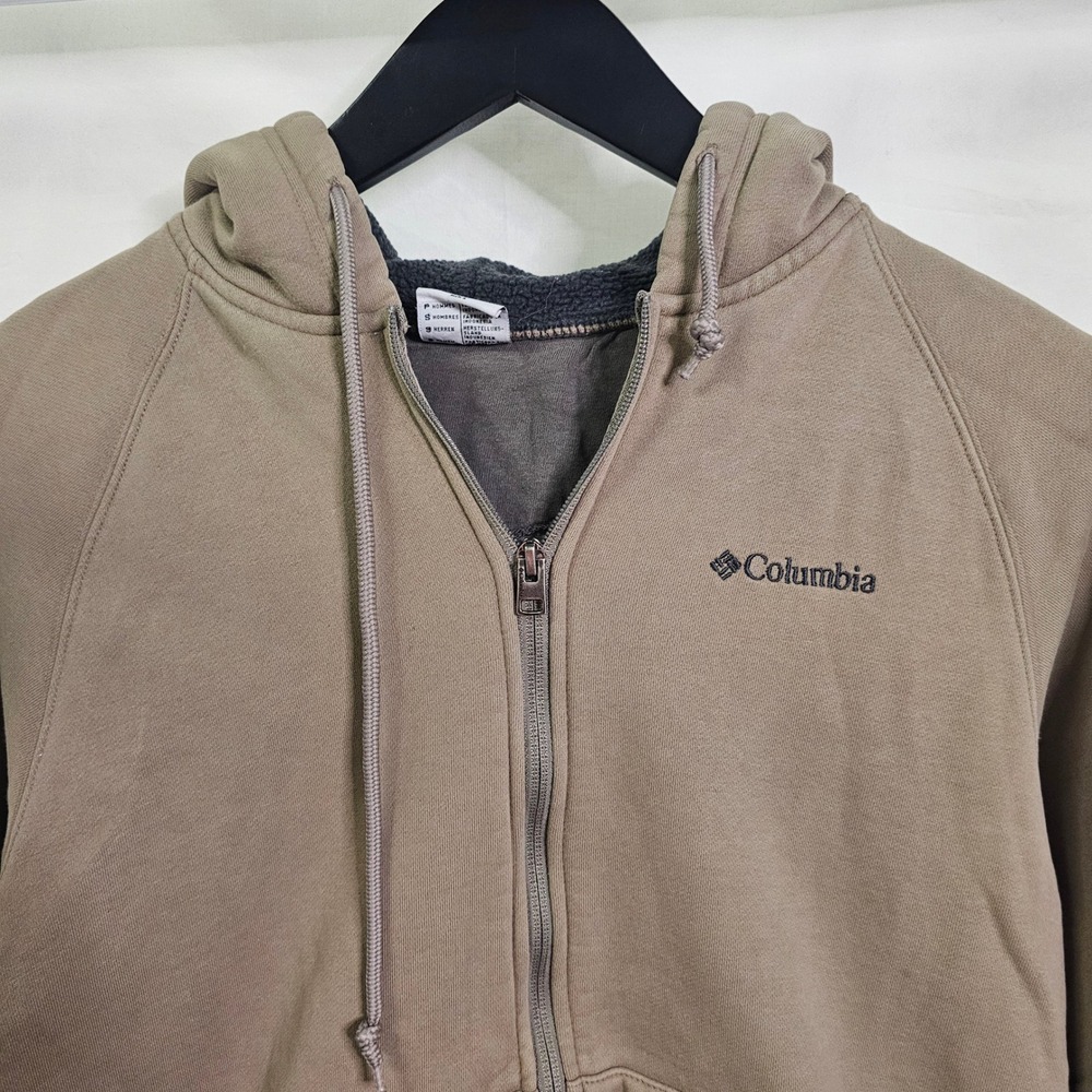 Columbia Mens Sherpa Lined Hood Full Zip Sweatshirt Tan Brown Small Work Wear - Picture 2 of 10
